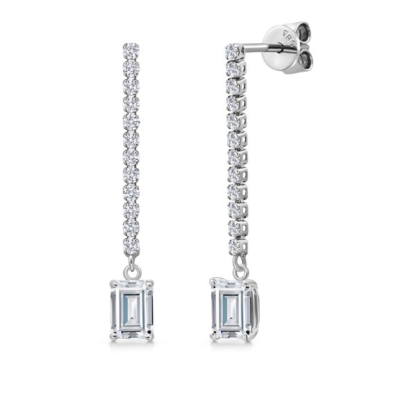 Gem Stone King 14K White Gold Moissanite and Lab Grown Diamond Long Liner Dangle Earrings for Women | 1.52 Cttw | Emerald Cut 6X4MM | White Gold Chain Drop Earrings