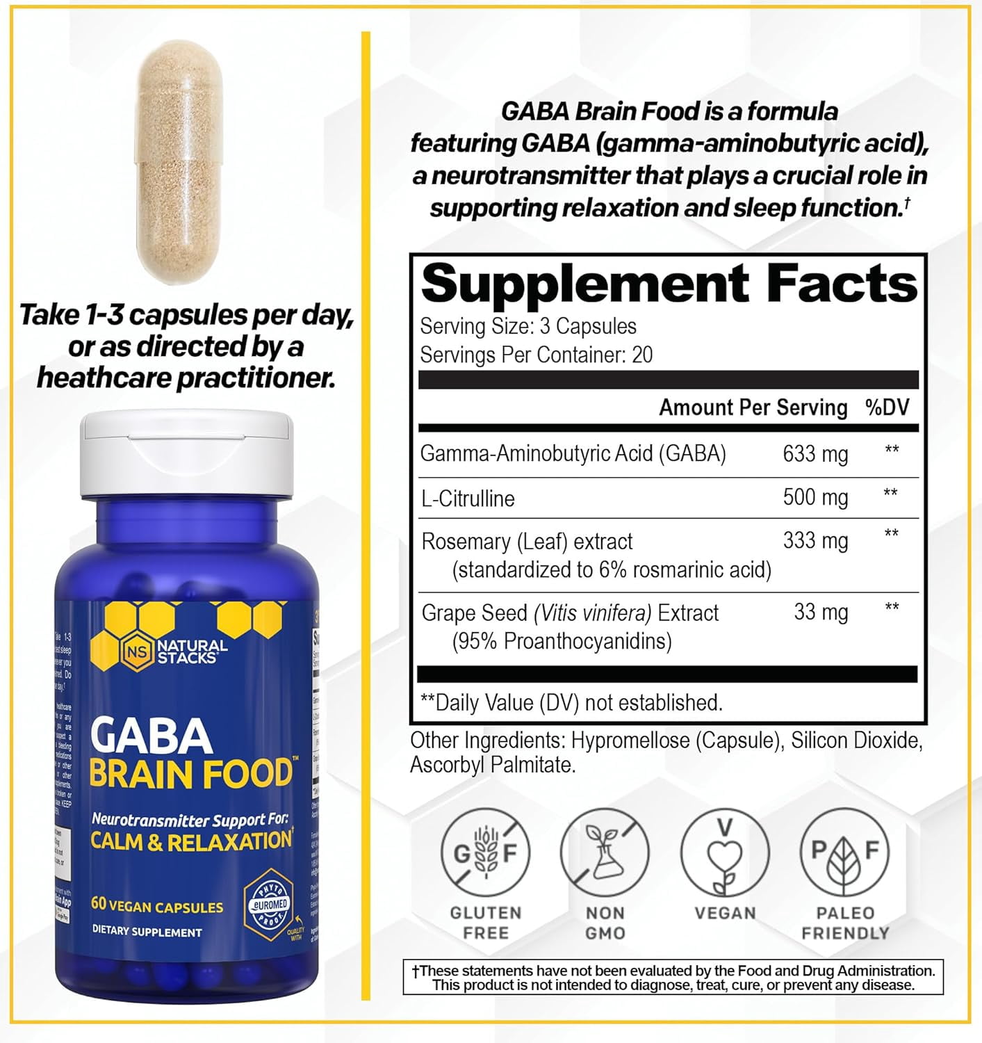 Natural Stacks Gamma-Aminobutyric Acid GABA Supplement 60 ct. - Deep Relaxation and Calm - Night Time Sleep Aid - Brain Food Formula Promotes GABA (Gamma-Aminobutyric Acid)