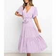 thumbnail image 3 of Wycnly Formal Dresses for Women Casual Ruffle Sleeve Tie Waist Loose Swing A Line Sundress V-Neck Short Sleeve Solid 2024 Summer Long Dress Purple XL, 3 of 6