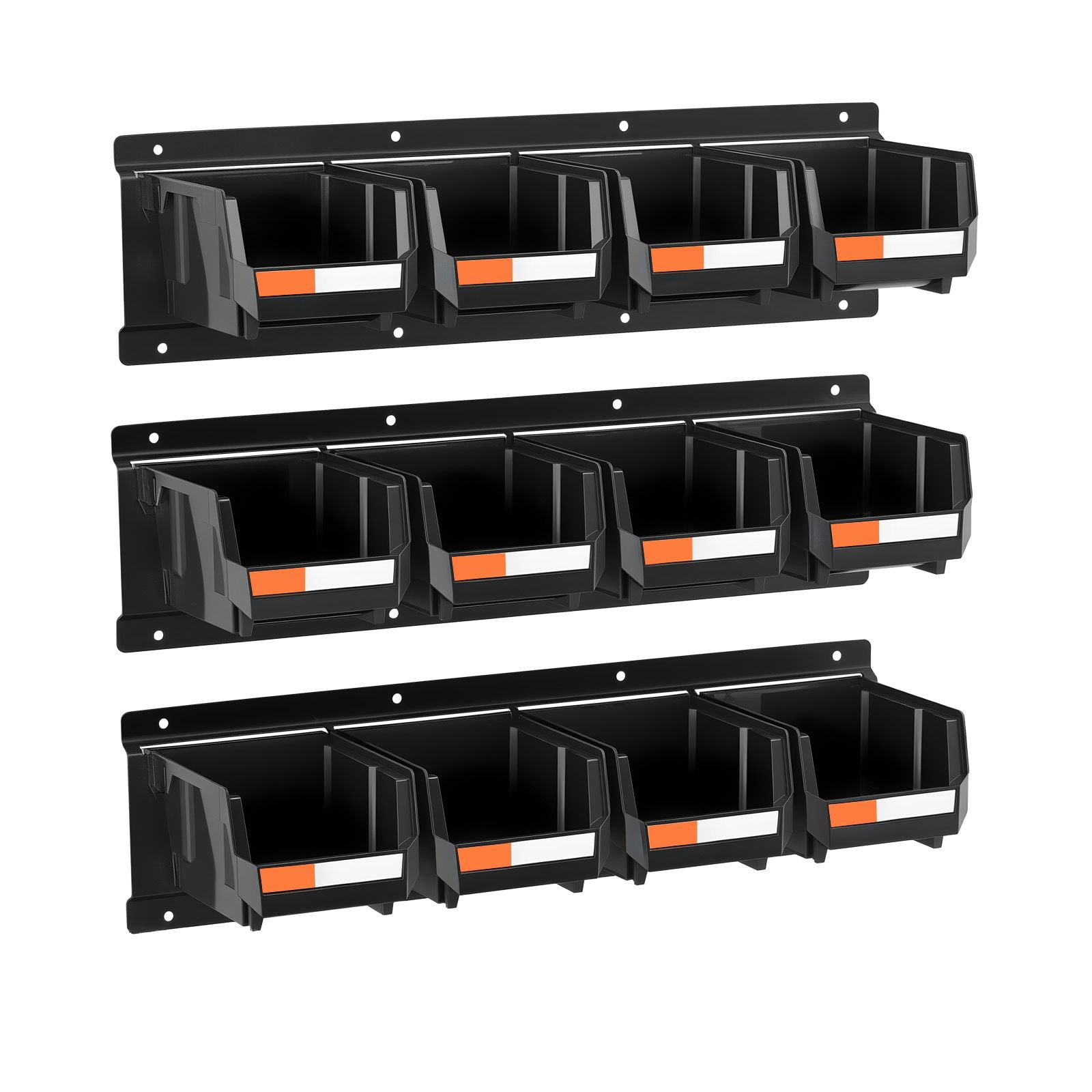 Wall Mounted Storage Bins 12-Pack with 3 Metal Rails for Garage Workshop Craft Room Black