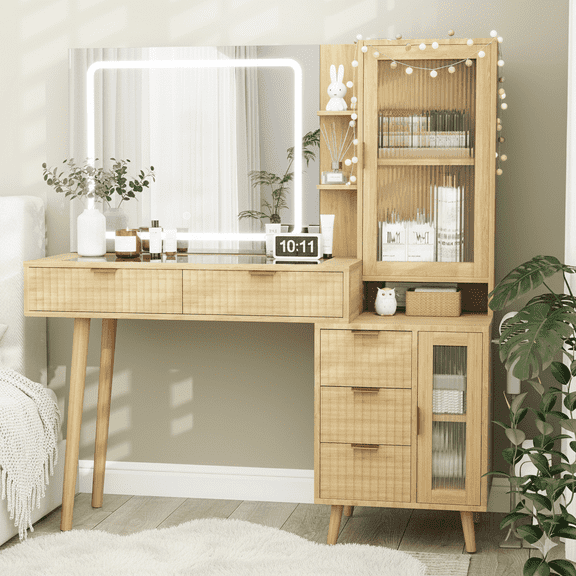 Wooden Vanity Desk with Mirror and Lights, 49" Boho Fluted Makeup Vanity Table with Modern Glass Top, Charging Station, 5 Drawers, 2 Cabinet with Adjustable Shelves, Salon Station, Natural Oak