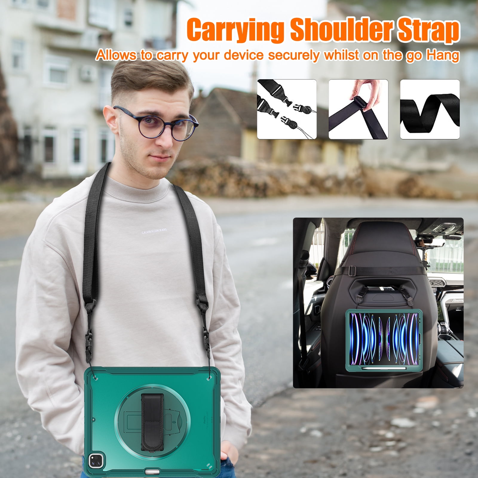 Allytechgroup Rugged Case for Apple iPad Air 11 Inch M4 M3 M2 2026 2025 2024, Kicktand Translucent Back Cover Shockproof Adjustable Shoulder Strap Kids Friendly with Pencil Holder, Darkgreen