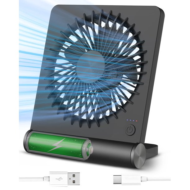 Tevelecin Ventilador de escritorio pequeño, ventilador USB recargable de 2000 mAh con batería, ultra silencioso, viento fuerte, ventiladores de viaje de 3 velocidades