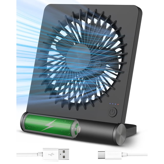 Tevelecin Ventilador de escritorio pequeño, ventilador USB recargable de 2000 mAh con batería, ultra silencioso, viento fuerte, ventiladores de viaje de 3 velocidades