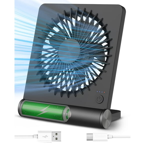 Tevelecin Ventilador de escritorio pequeño, ventilador USB recargable de 2000 mAh con batería, ultra silencioso, viento fuerte, ventiladores de viaje de 3 velocidades