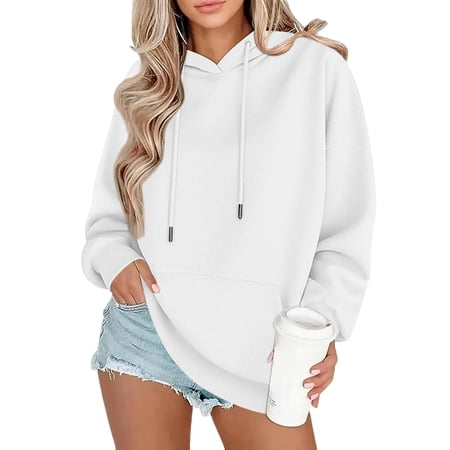 Oversized Hoodie Women Plain Fleece Pullover Hooded Sweatshirt with Pockets Casual Long Sleeve Sweat Shirts Y2k Tops White M