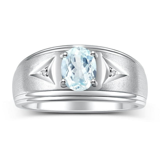 RYLOS Men's Rings Sterling Silver Classic 8X6MM Oval Gemstone & Diamond Ring Aquamarine March Birthstone Rings For Man Silver Rings Size 9