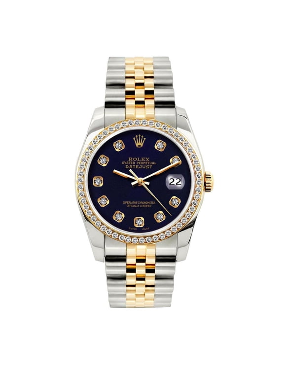 Pre-Owned Rolex Datejust 36MM 16233 Black Diamond Dial Diamond Bezel Two Tone Yellow Gold Jubilee Bracelet 1.2ct
