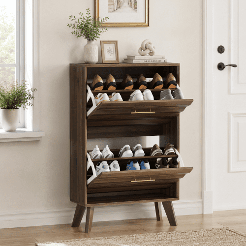 23.6" Slim Flip-Top Shoe Cabinet, Walnut Wood Entryway Shoe Storage Cabinet with Double Tilt-Out Doors, Open Shelf, Mid-Century Modern Freestanding Shoe Organizer for Entryway & Hallway
