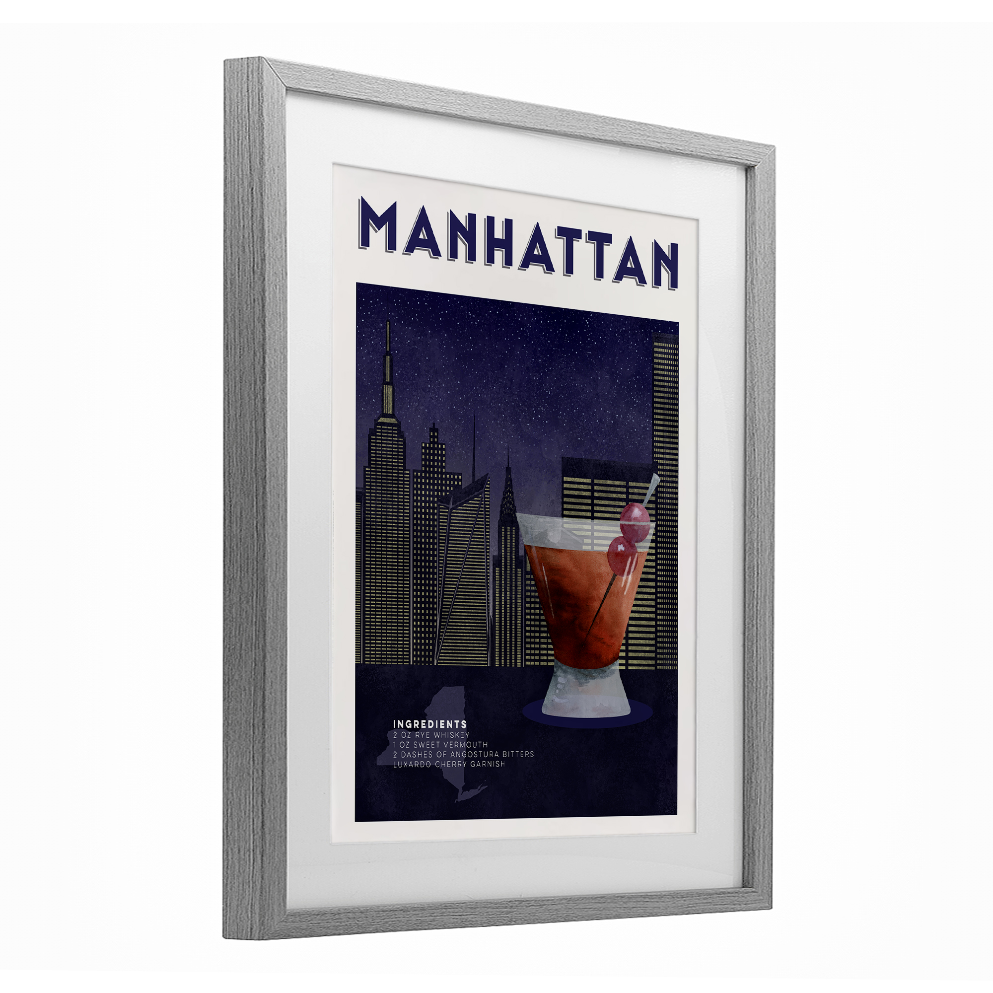 Retro Manhattan Cocktail Cityscape Gray Framed Print Under Glass, design by Brett Blumenthal