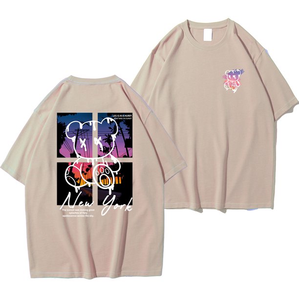 Camisetas con diseño de paisaje de puesta de sol y oso de dibujos animados de Nueva York, Camisa de algodón a la moda para hombre, camisetas holgadas de verano, camiseta de gran tamaño