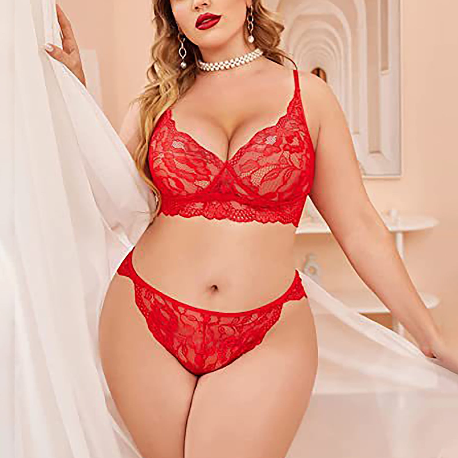 Aayomet Lingerie for Women Plus Size Women Plus Size Lingerie Lace Bodysuit  Exotic Teddy Lingerie Strappy Bra And Panty,Red 3XL 