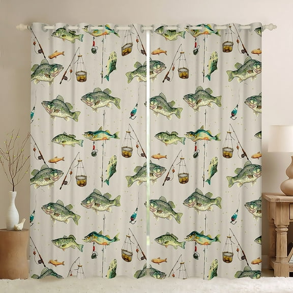 Manfei Fishing And Hunting Black Out Curtains,Bass Big Fish Curtains Pack of 2 (42x63 Each),Animals Marine Life Bedroom Curtains For Teens Boys,Breathable Home Decor