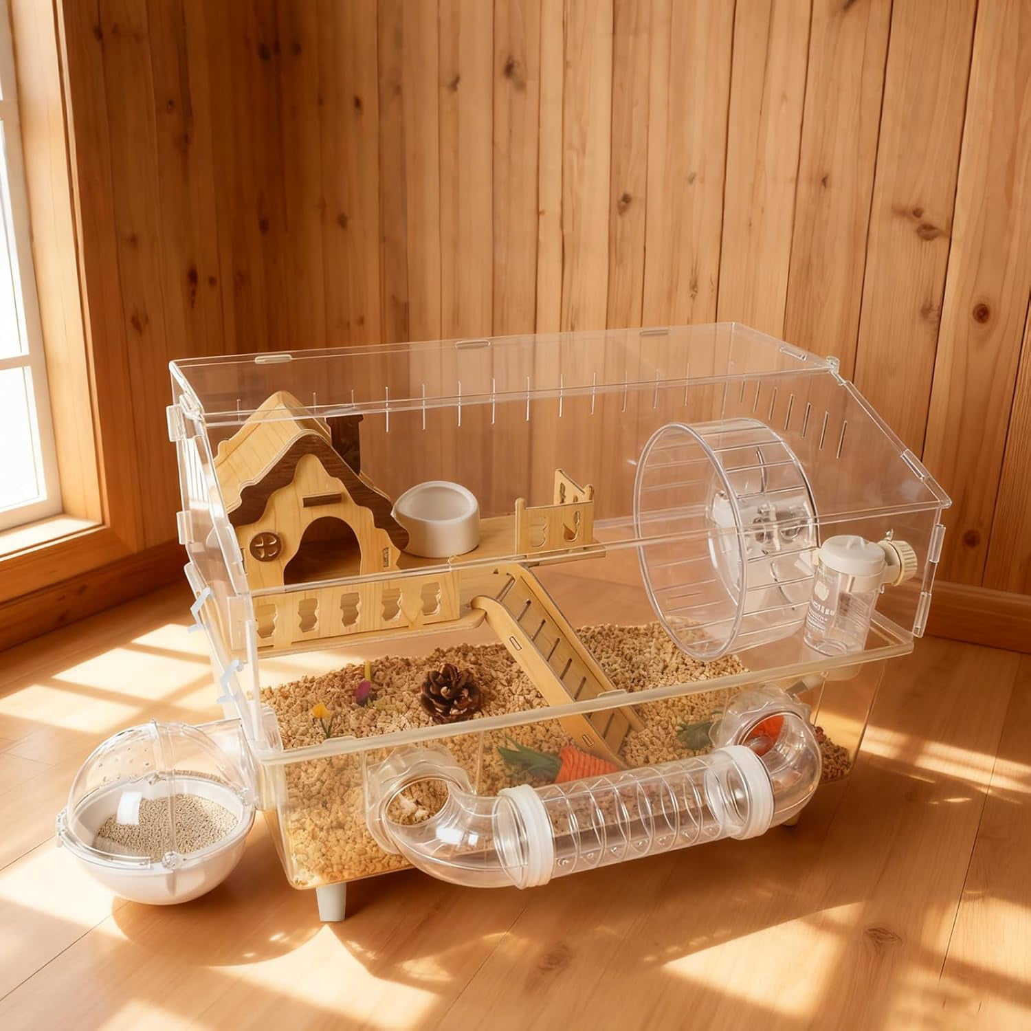Clear Acrylic Hamster Cage, Dwarf Hamster Cage, Mouse Cage, Gerbil Cage - All-in-One Hamster Habitat with 18cm Silent Wheel, Tubes & Full Kit, 17.7×11.8×13.8" for Dwarf Hamsters, Mice, Gerbils