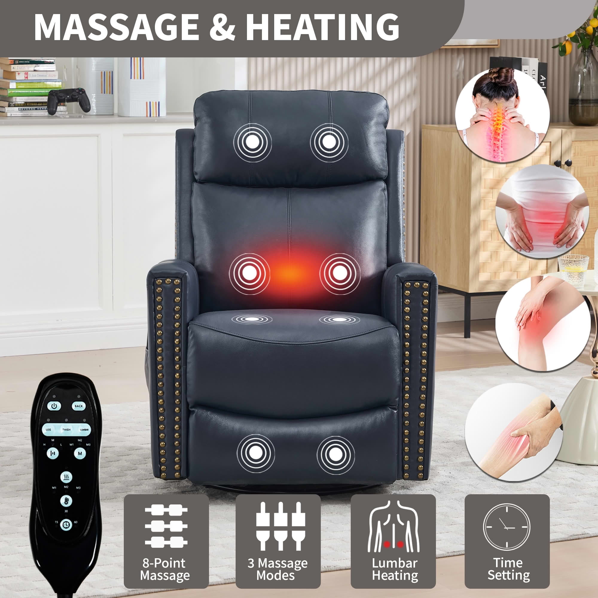 MAYEERTY Blue Genuine Leather Manual Recliner, 360° Swivel Rocker Heat Massage 31"x38"x42" for Living Room