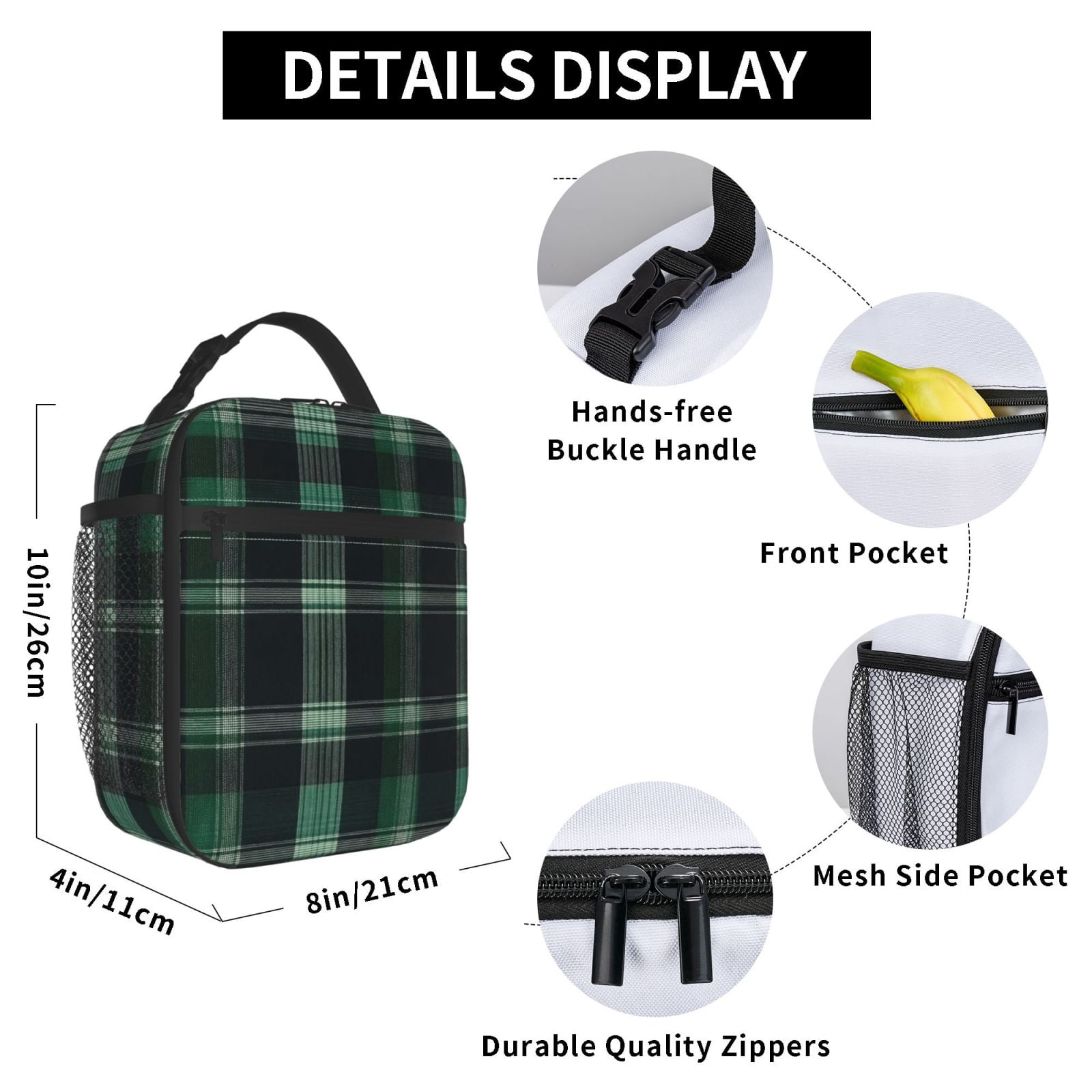 Lunch Bag For Women Men Insulated Portable Lunch Box Bento Box Office Picnic Travel Cooler Bag Green Buffalo Plaid Check Tartan Scotland_1