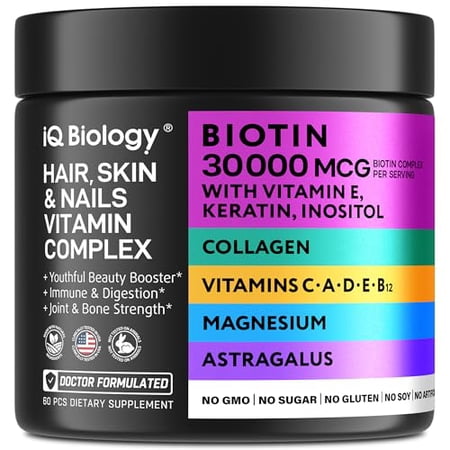 IQ BIOLOGY Biotin Keratin Collagen for Women - Hair Skin and Nails Vitamins for Women with Magnesium Vitamin D3 Vitamin C Vitamin E Vitamin B12 Astragalus Hair Growth Vitamins Multivitamin for Women*
