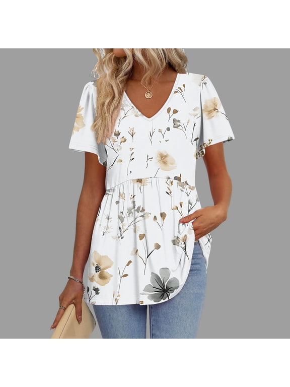 Womens Floral Print Flutter Sleeve V-Neck Regular Fit Tee, Machine Washable