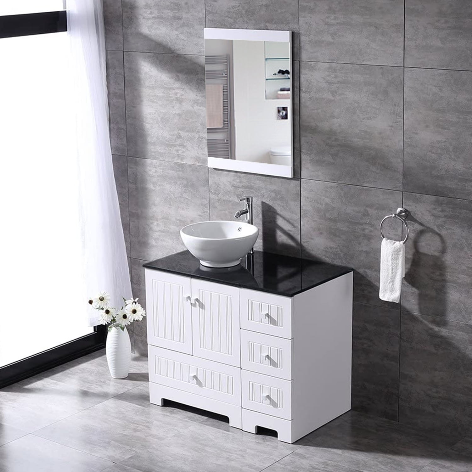 36" Black Bathroom Vanity Mirror Cabinet Set Vessel Glass Ceramic Sink Faucet US 