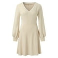 thumbnail image 2 of Aayomet Sweater Dresses Long Fashionable Solid V Neck Knit Dress Warm Temperament Skirt (Beige, L), 2 of 5