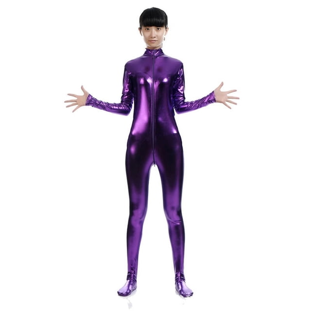 Traje de actuación zentai de cuello alto pequeño sin cabeza con cremallera frontal y medias recubiertas de pegamento para mujer de color sólido
