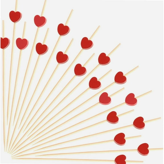 100pcs Red Heart Cocktail Picks 4.7" Long Fruit Sticks Food Toothpicks Sandwich Appetizer Charcuterie Skewers, Handmade of Bamboo Wood, for Birthday, Wedding, Valentines Day Decoration Party Supplies