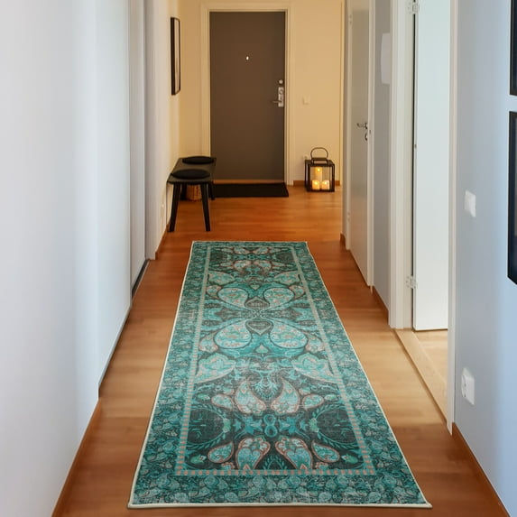 Oriental Decorative Rug, Bohemian Asian Culture Flowers Folk Artwork Traditional Floral Design, Quality Carpet for Bedroom Dorm and Living Room, 6 Sizes, Dark Seafoam, by Ambesonne