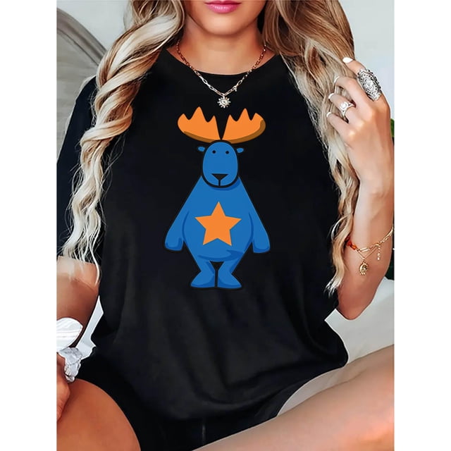 Christmas Elk & Star Print Short Sleeve Crew Neck T-shirt, Casual Sports Short Sleeve Crew Neck Summer Top, Women's Clothing, Pattern Print, Fashion Trend