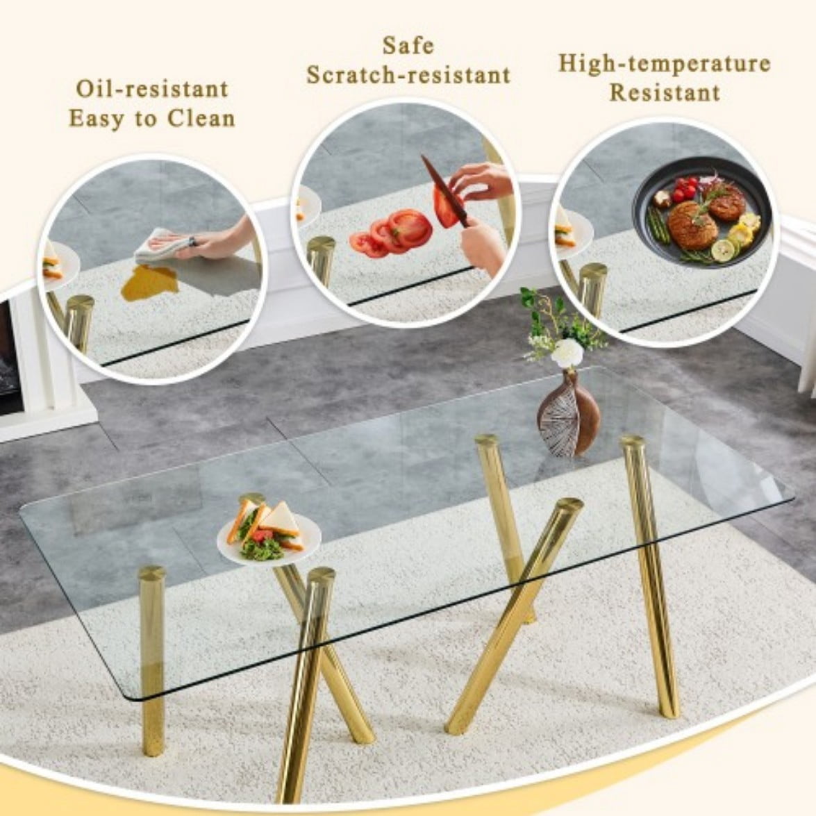 71" Tempered Glass Dining Table, Modern Large Kitchen Table with Sturdy Metal Legs, Round Edge Dining Room Table for Home & Family, Gold