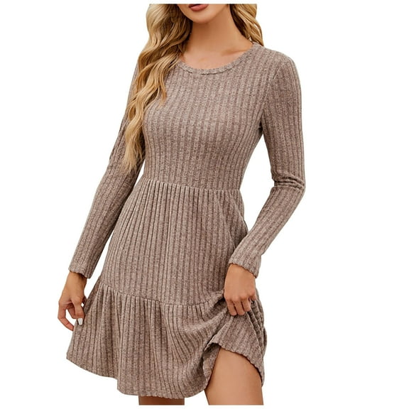 Lovskoo Women Long Sleeve Ribbed Knit Sweater Dress Fall Winter Cute Round Neck Casual Knit Ruffled Dresses Brown