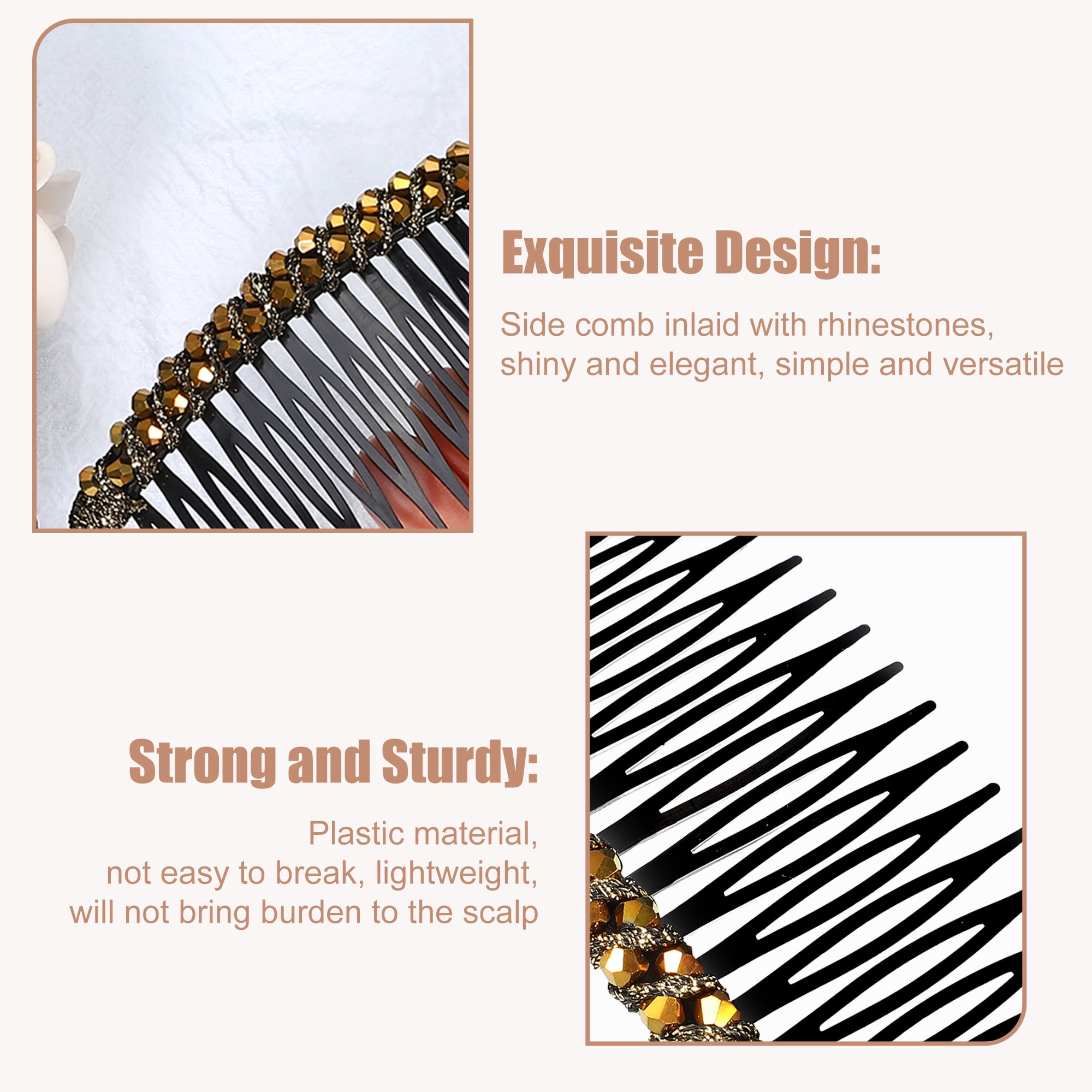 Unique Bargains 2 Pcs Rhinestone Side Hair Combs 20 Teeth 24 Wide Teeth Slide Combs Champagne 3.94"x1.77"(L*W)