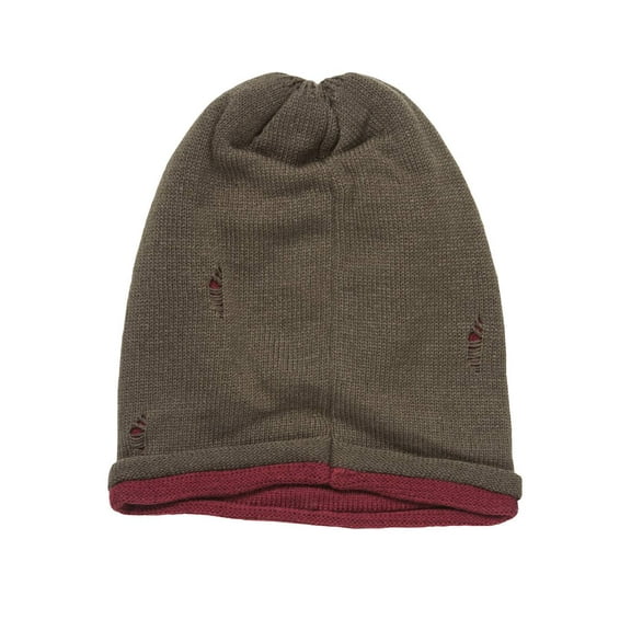 Vintage Distressed Style Beanie - Olive/Red
