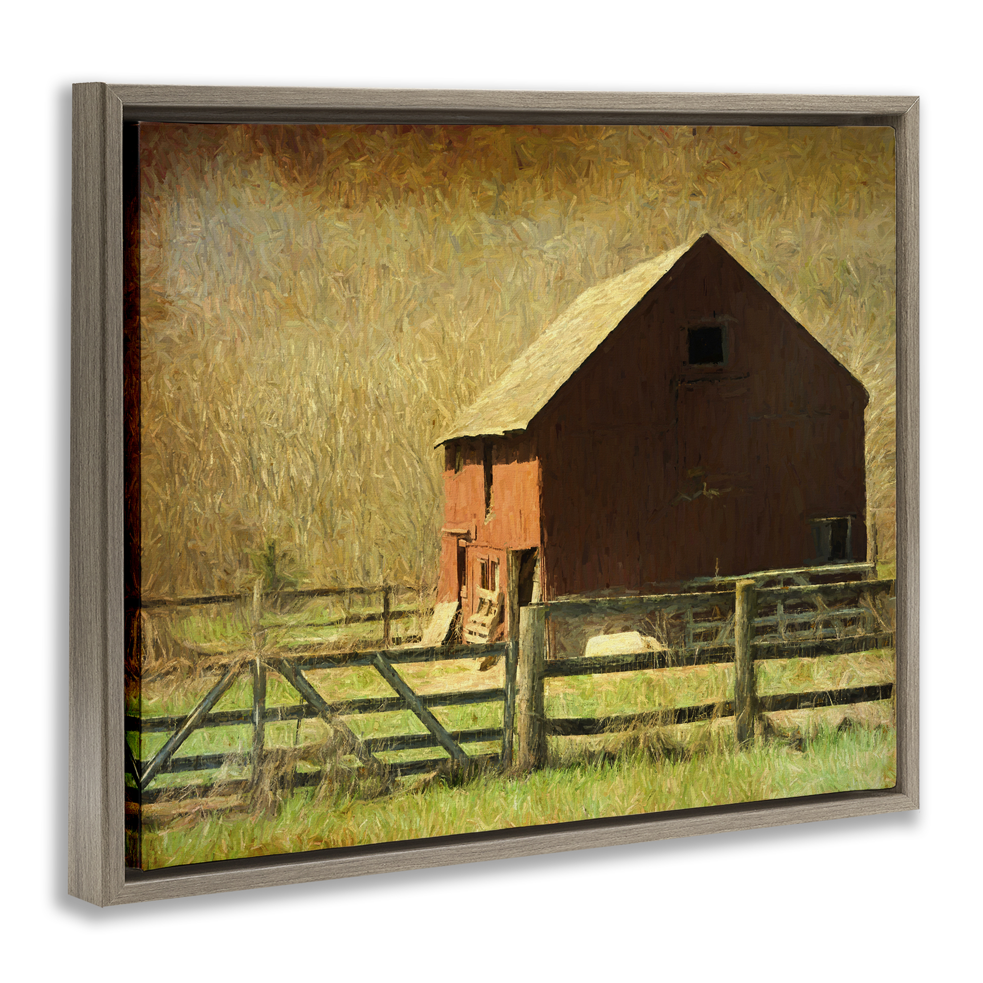 Stupell Industries Red Barn Distressed Pattern Landscape & Nature Painting Brown Floater Framed Canvas Art Print Wall Art, 31 x 25