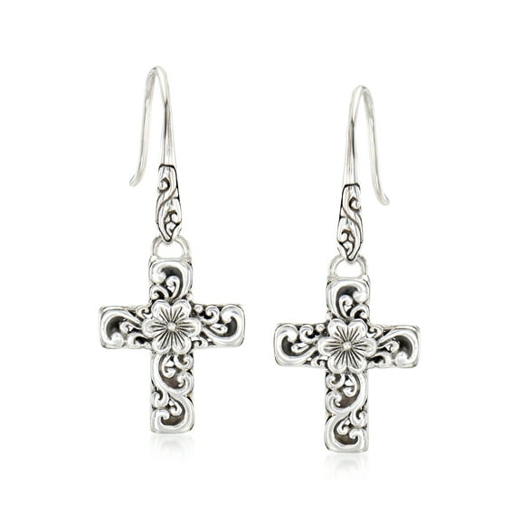 Ross-Simons Sterling Silver Bali-Style Floral Cross Drop Earrings, Women's, Adult
