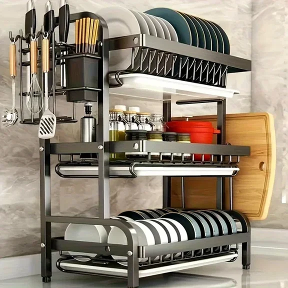 Three-Tier Space-Saving Dish Rack - Large Capacity Countertop Utensil Holder & Dish Drainer for Tableware