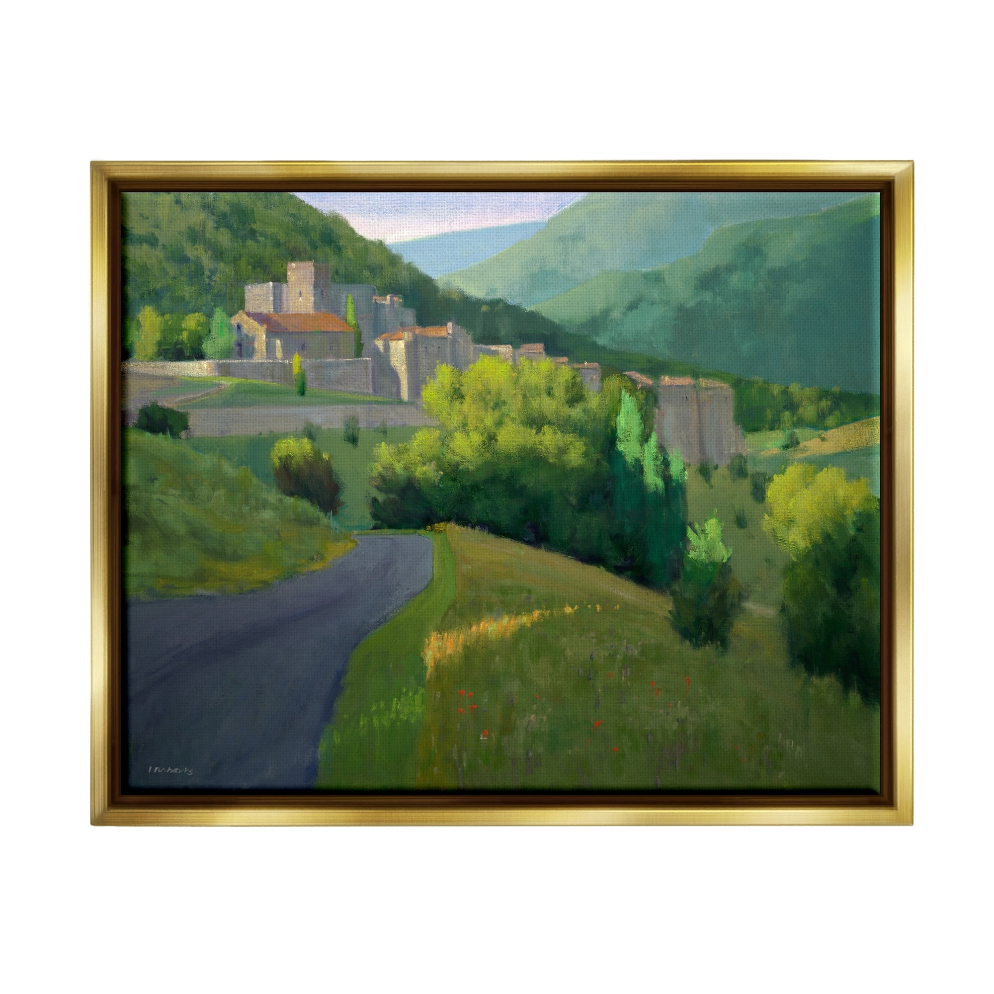 Stupell Industries Winding Road Path Distant Rural Farm Town Graphic Art Metallic Gold Floating Framed Canvas Print Wall Art, Design by Ian Roberts