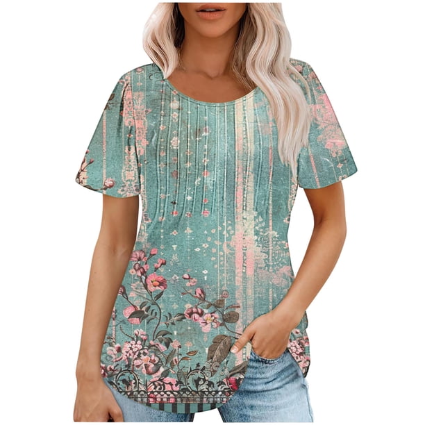 Tops Cortos para las Mujeres Cuello Redondo Suelto Impreso de Manga Corta, Tops Sueltos para las Mujeres