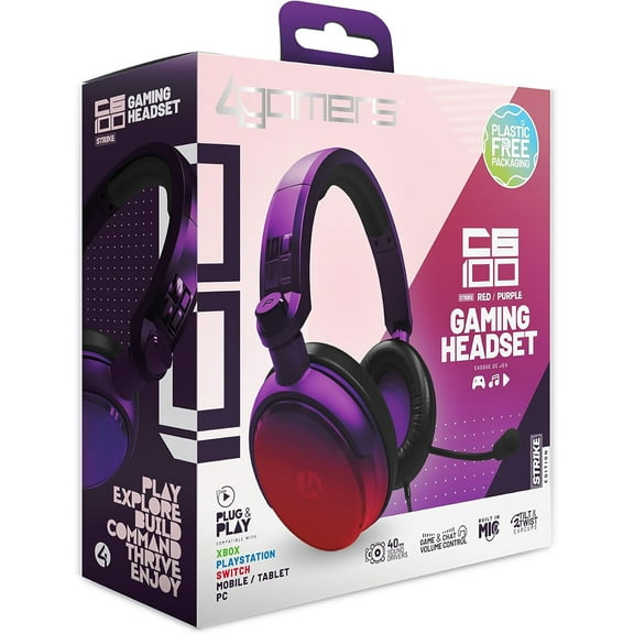 PC Accessory:  Wired Headset - 4Gamers C6-100 STRIKE - Red & Purple:  Compatible with PC, Switch, PS5, Xbox X|S