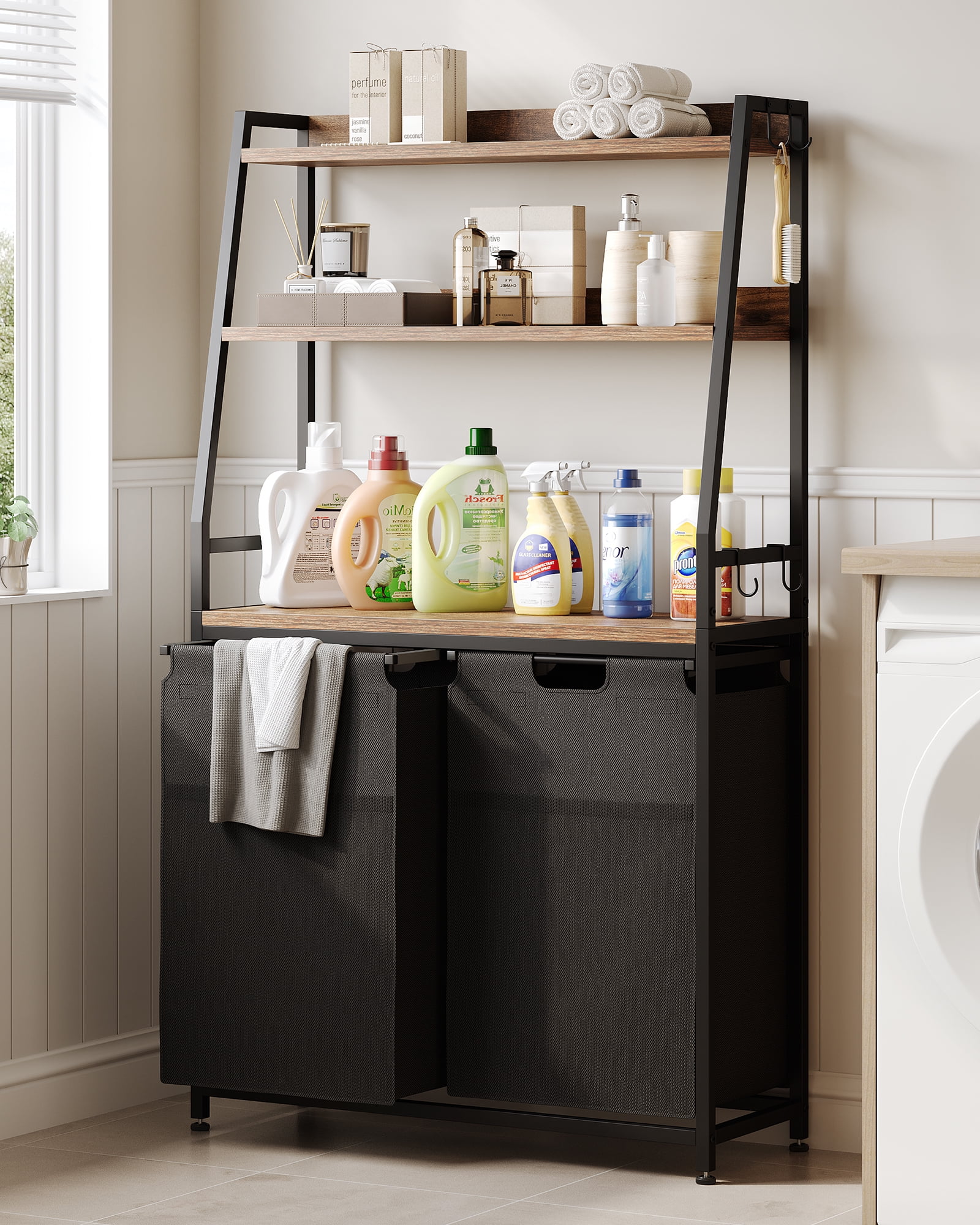 GIKPAL 2 Section Laundry Hamper, 170L Laundry Basket with 3 Shelves Laundry Sorter, Freestanding Laundry Organizer with 4 Hooks & 2 Removable Washable Bags & Side Pockets for Bathroom Dorm