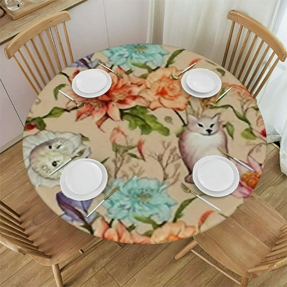 Elastic Round Outdoor Tablecloth Lily Flowers Spring Easter Bunny Round Waterproof Table Cover Fitted Table Cloth