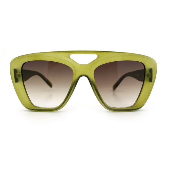 Women Oversized Thick Plastic Rectangle Cat Eye Flat Top Diva Sunglasses Matte Green - Brown