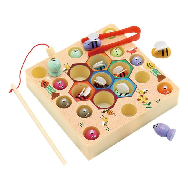 Juego de mesa,Clip abejas pesca juguete niño color cognitivo,Juego de pesca magnética de madera Juguete de la habilidad del motor fino,Juego de pesca de madera magnética Juguete para niños