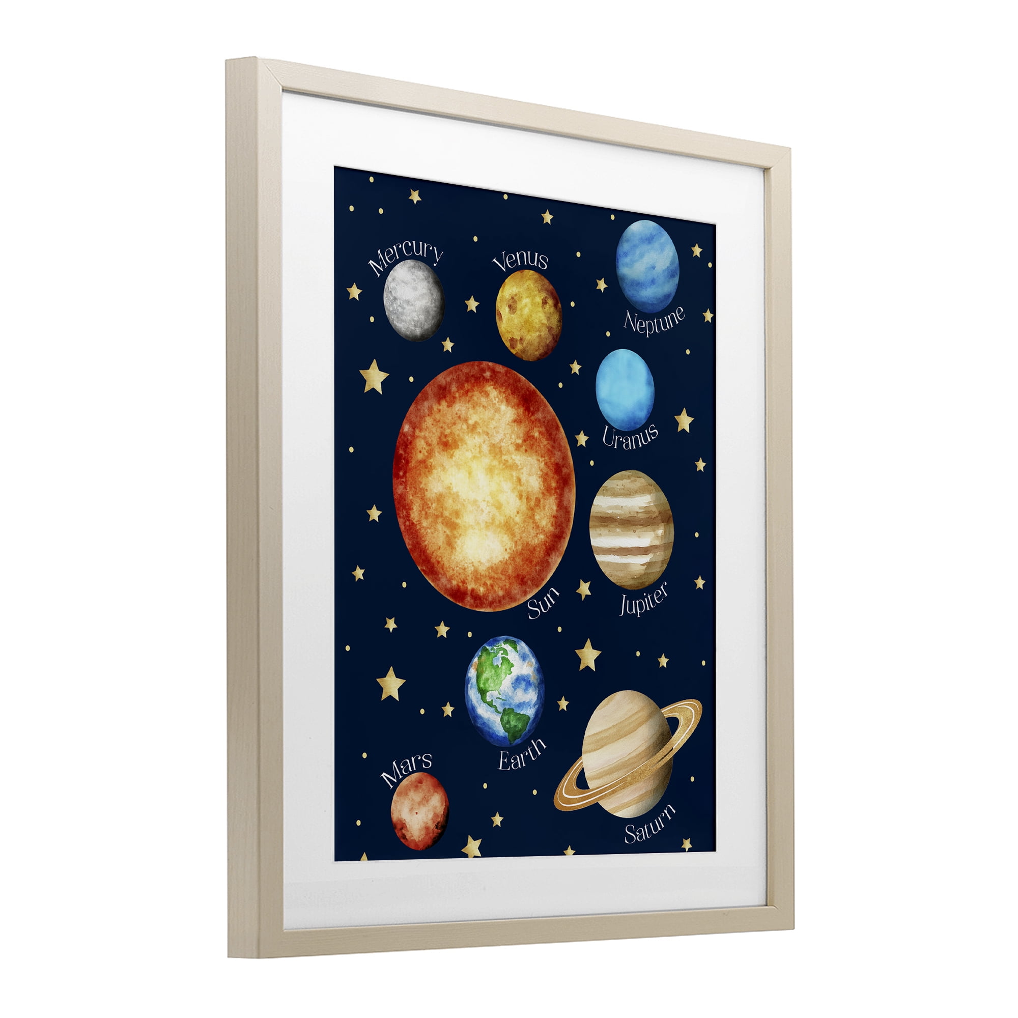 Educational Solar System Space Birch Framed Print Under Glass, design by Christine Simpson Art