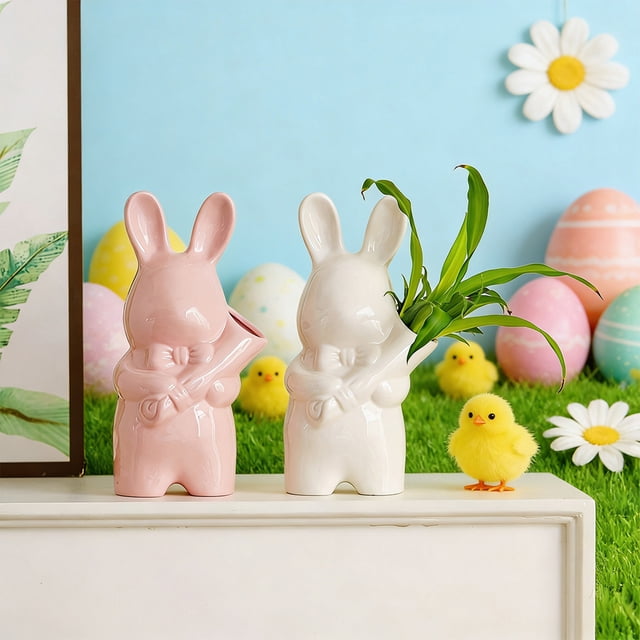 Jarrón de cerámica con forma de conejito de Pascua | Decoración de animales de mano – Rosa y blanco | 10 x 8,4 cm | Decoración caprichosa para el hogar, regalo de primavera, arreglo floral
