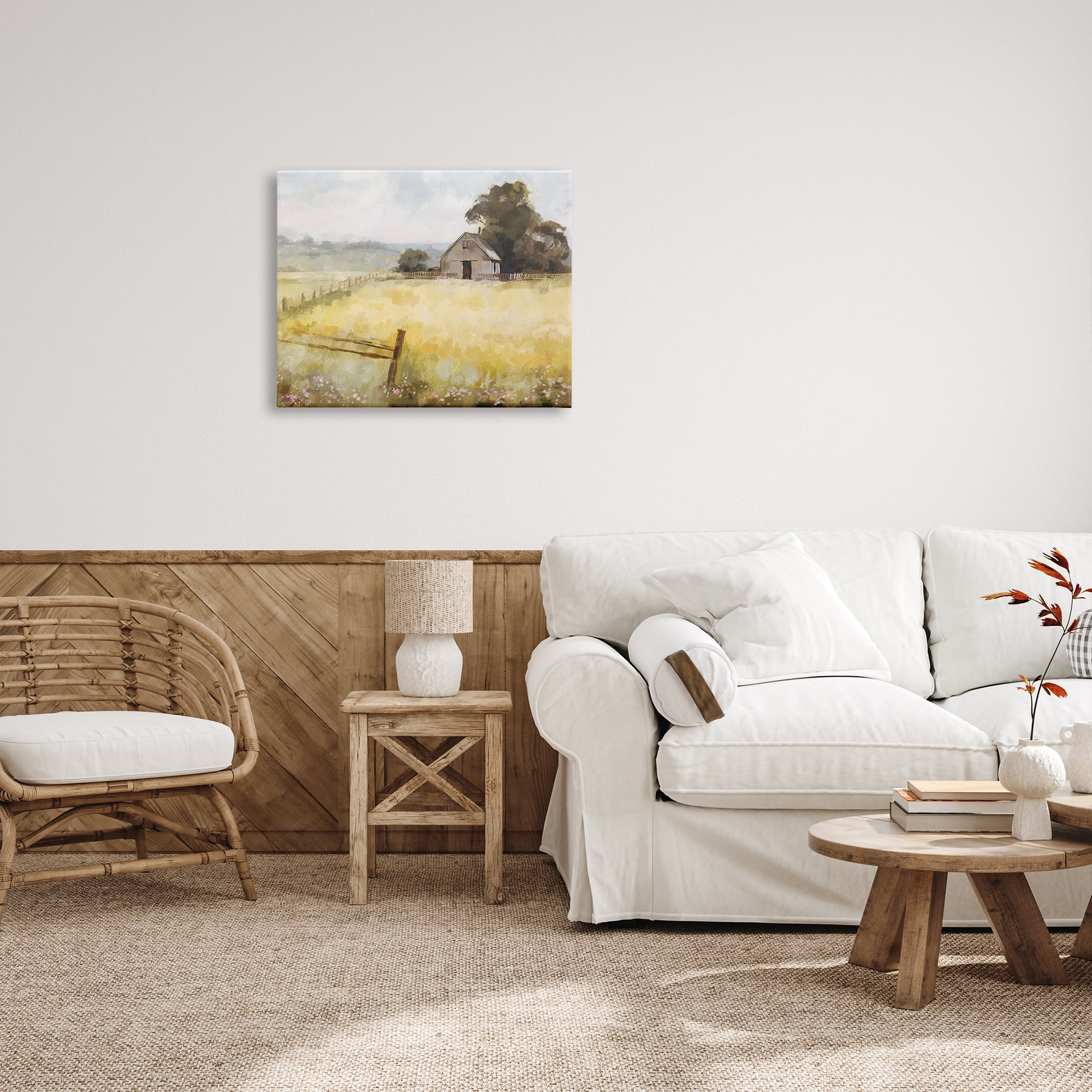 Stupell Industries Distant Barn Country Fence Landscape Painting Gallery Wrapped Canvas Art Print Wall Art, 30 x 24