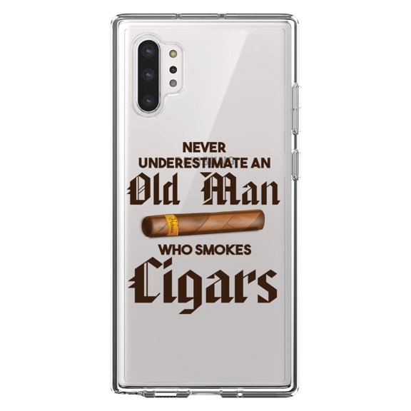 DistinctInk Clear Shockproof Hybrid Case for Galaxy Note 10 PLUS (6.8" Screen) - TPU Bumper Acrylic Back Tempered Glass Screen Protector - Never Underestimate Old Man Who Smokes Cigars
