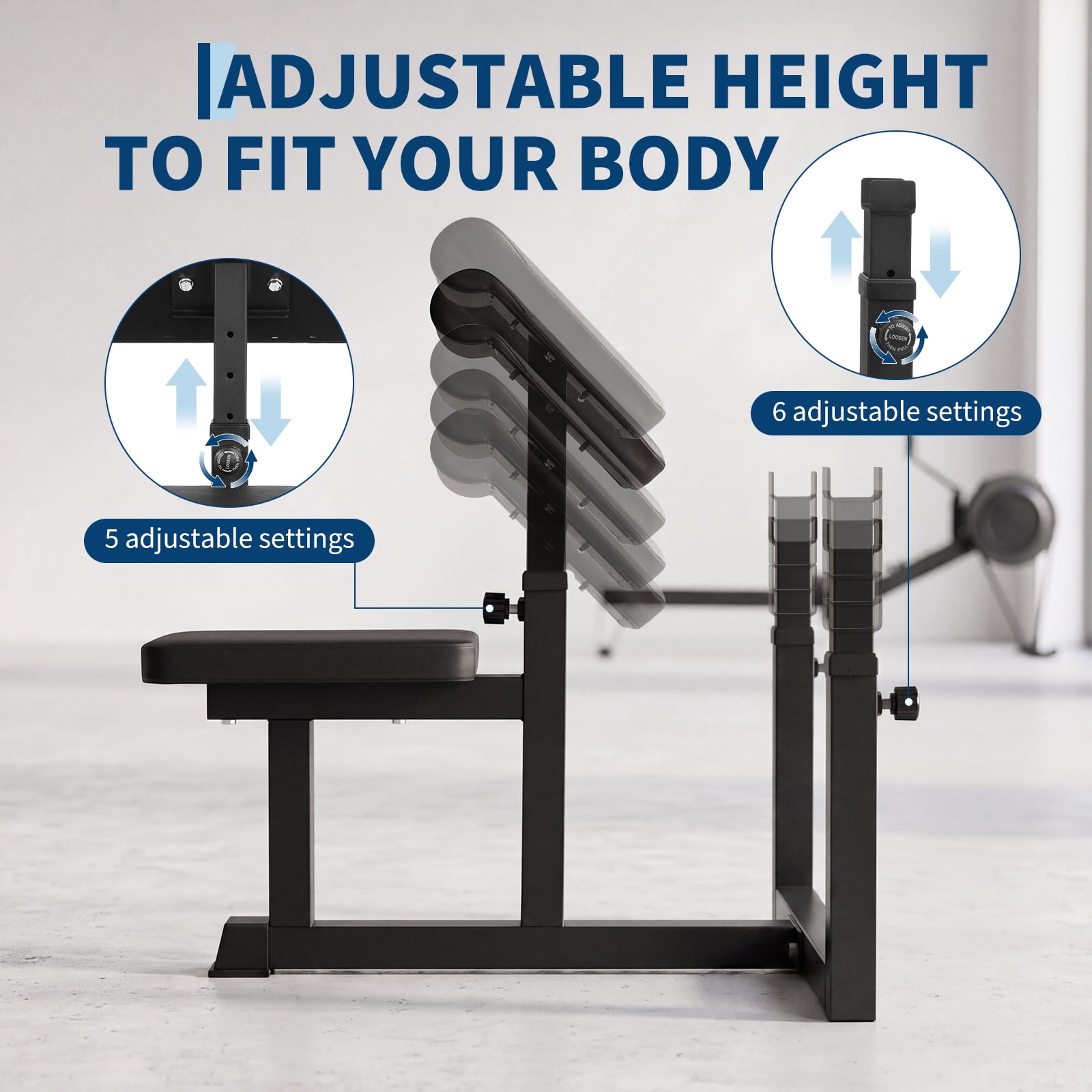 Preacher Curl Bench, Adjustable 5-Level Arm & 6-Level Rack, 300 LBS Capacity, 2" Thick Cushions