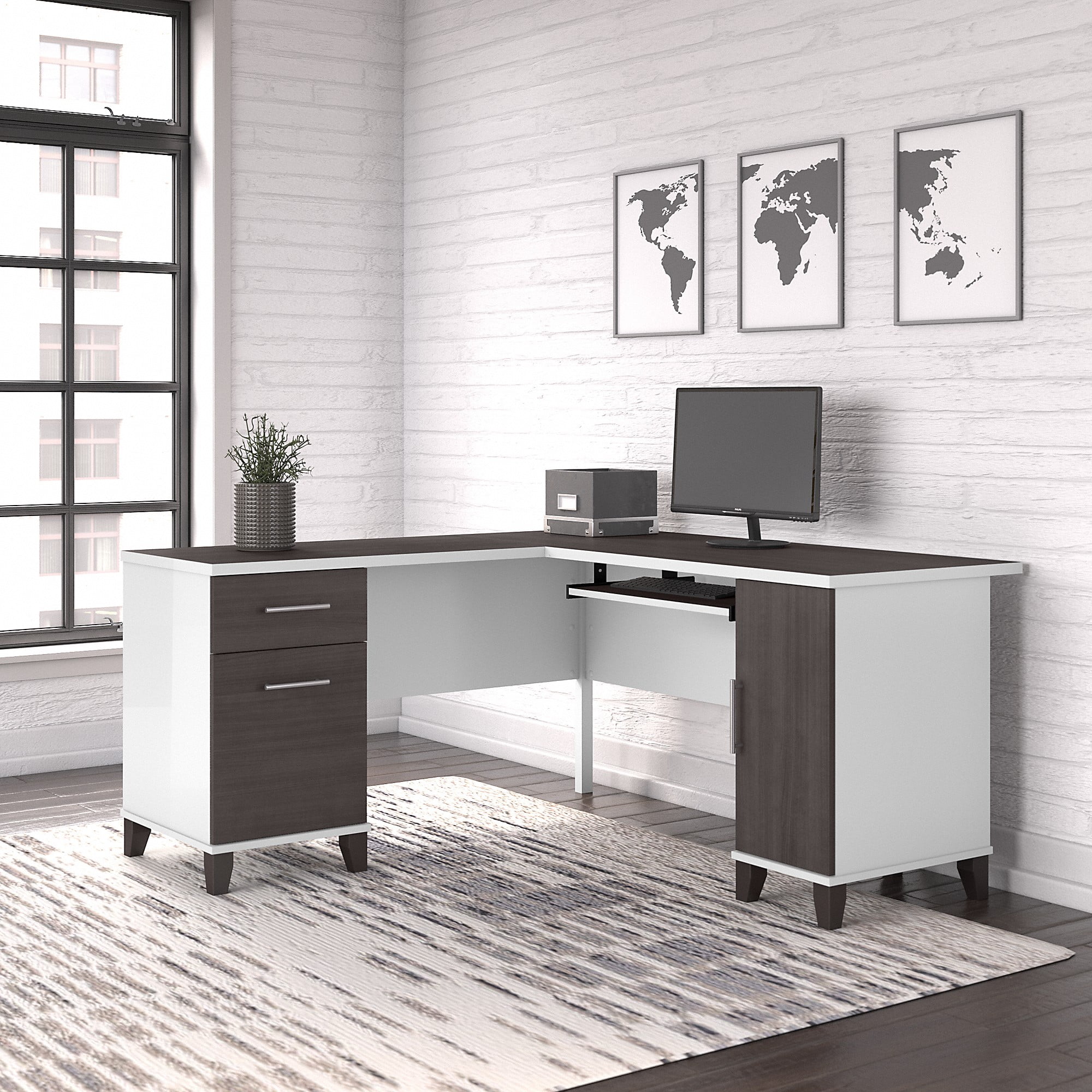 Bush Furniture Somerset L Shaped Desk with Storage White and Storm Gray 60W