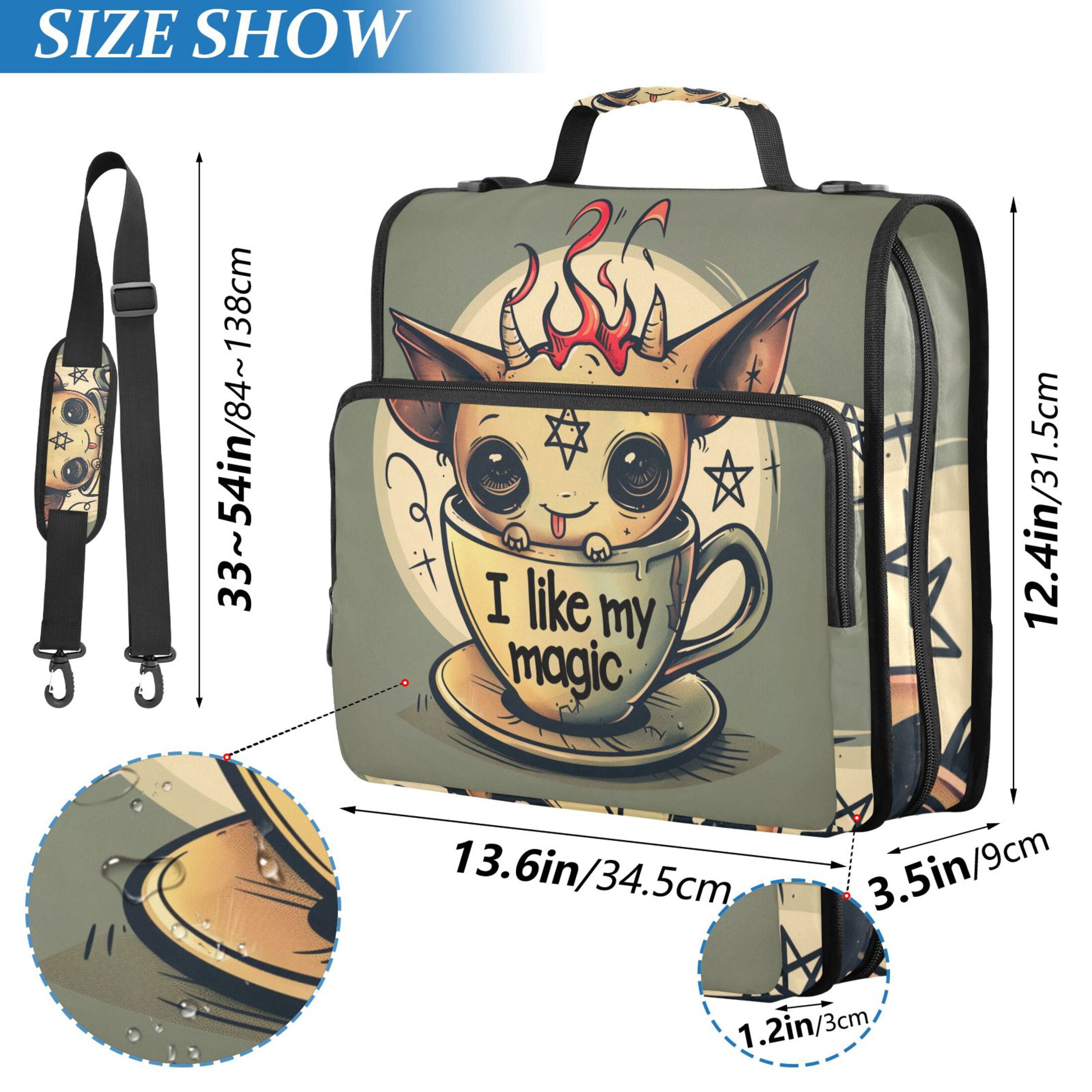 3 Ring Zipper Binder with Shoulder Strap Waterproof Trapper Keeper 2 Inch D-Ring 500 Sheets Capacity Cute Demon on Cup