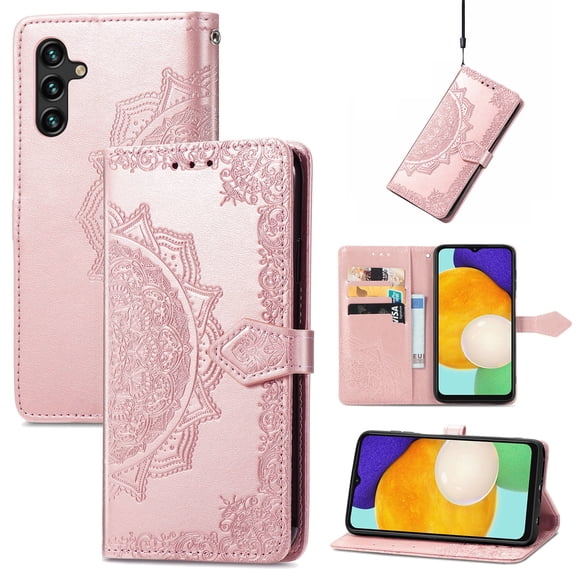 Embossed Floral Wallet Cover for Samsung Galaxy A14 5G, Shockproof Magnetic Flower Premium PU Leather Wallet Card Slots Folio Flip Protective Phone Case with Hand Strap and Kickstand,Rosegold
